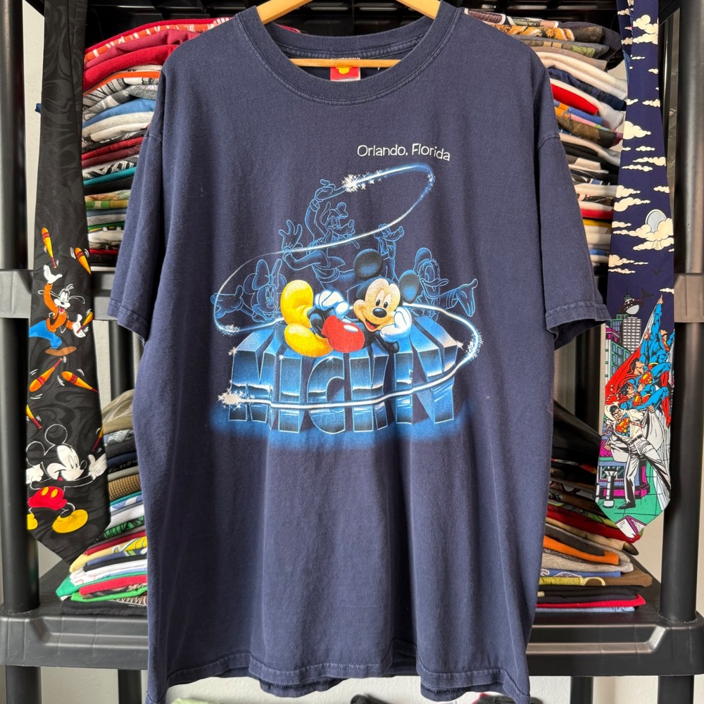 Y2K Navy Mickey Mouse Orlando Florida Graphic T-Shirt XL Light Marks